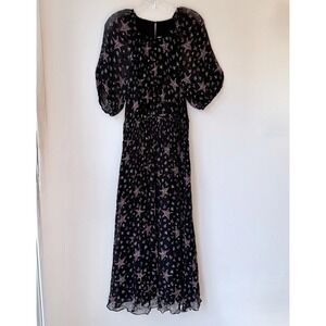 Boden Puff Sleeve Midi Dress 16/18 Black Celestial Smocking Stars Wedding